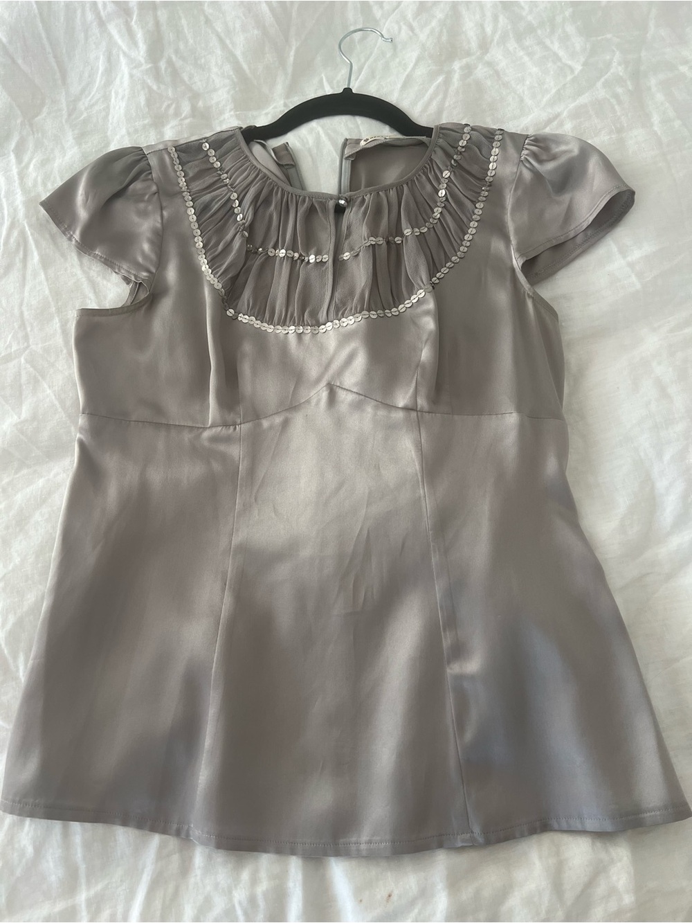 Nanette Lepore Silver Satin Short Sleeve Top with Sequin Yoke